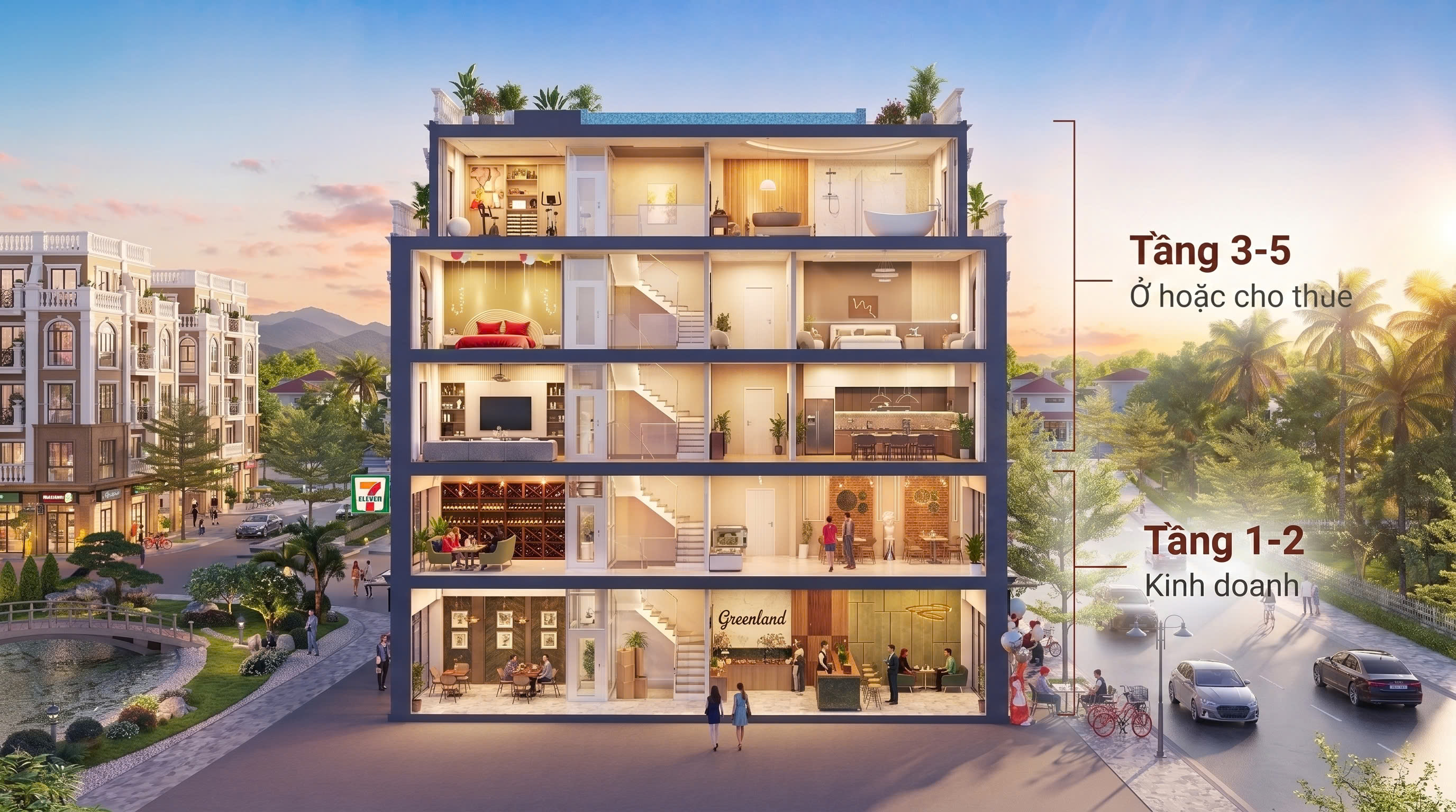 Minh họa công năng sử dụng các tầng nhà shophouse NAMMON Square: tầng 1-2 kinh doanh, tầng 3-5 ở hoặc cho thuê
