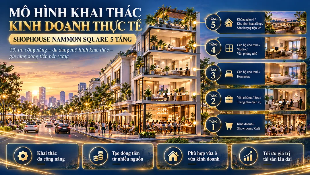 Mô hình khai thác kinh doanh thực tế shophouse Nammon Square 5 tầng